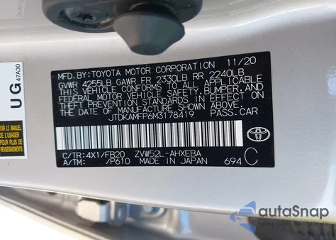 2021 Toyota Prius Prime Le z USA, uszkodzony, nr VIN JTDKAMFP6M3178419